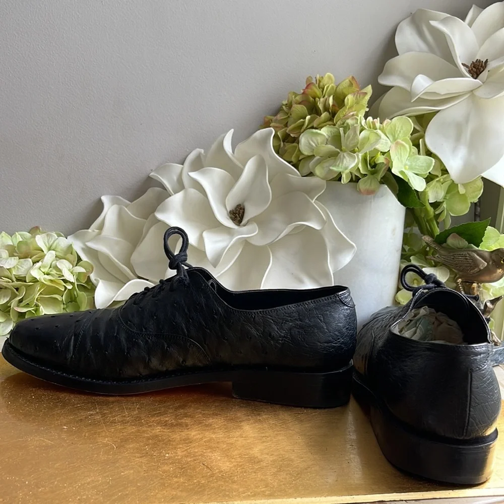 EXOTIC Genuine Ostrich Max Leather USA Cap Toe Oxfords in Black